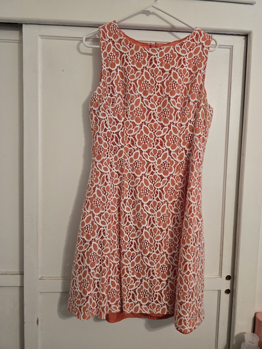 New York & Company Eva Mendes Coral and White Lace Fit-and-Flare Mini Dress